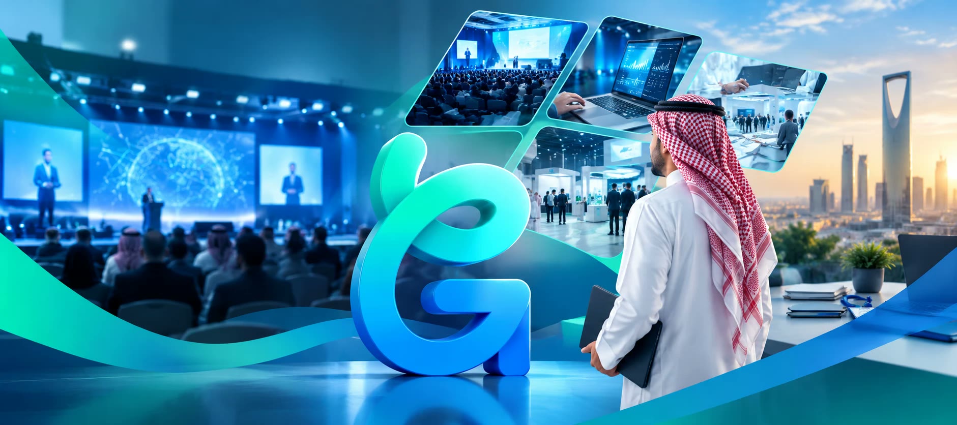 GloMarQ event management: a conference hall, an exhibition floor and the Riyadh skyline around the GloMarQ logo